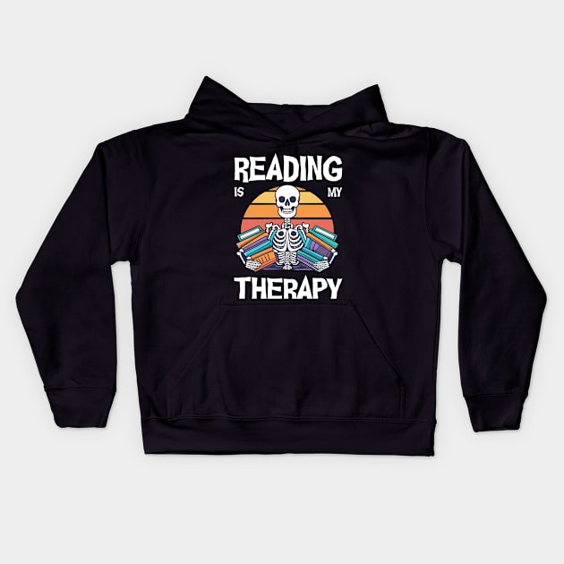 Vintage retro skeleton holding books reading is my therapy Kids Hoodie by SPIRITY